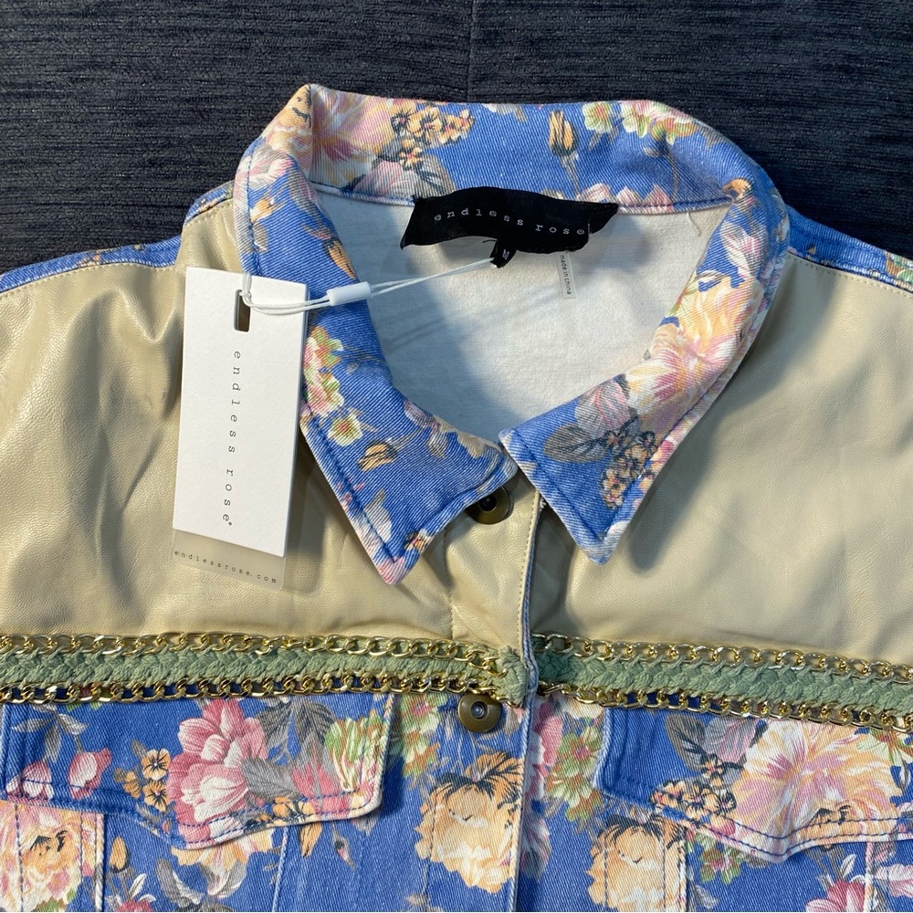 Endless Rose Blue and Tan Floral Jean Jacket - Picture 3 of 16